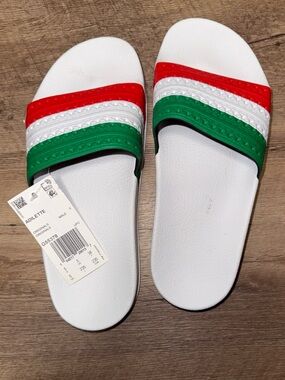 adidas White Slides with Red, Green & White Striped Strap size 5 kids